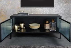 Modernes TV-Lowboard AMSTERDAM 90cm schwarz gold Riffelglas Metall Vitrine Schrank