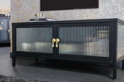 Modernes TV-Lowboard AMSTERDAM 90cm schwarz gold Riffelglas Metall Vitrine Schrank