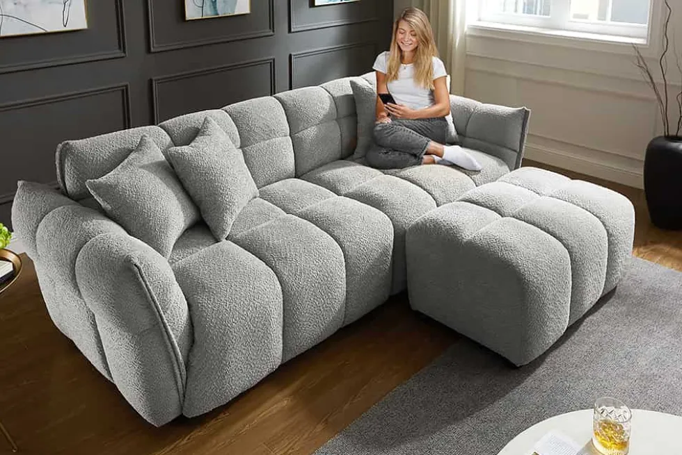 Modernes XXL Sofa CLOUD 260cm grau Bouclé Bigsofa Federkern inkl. Kissen