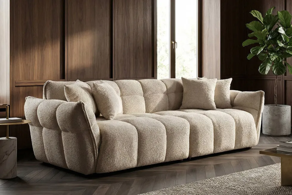 Modernes XXL Sofa CLOUD 260cm champagner greige Bouclé Bigsofa Federkern inkl. Kissen
