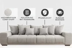 Modernes XXL Sofa ELEGANCIA 285cm champagner beige Cord inklusive Kissen Bigsofa