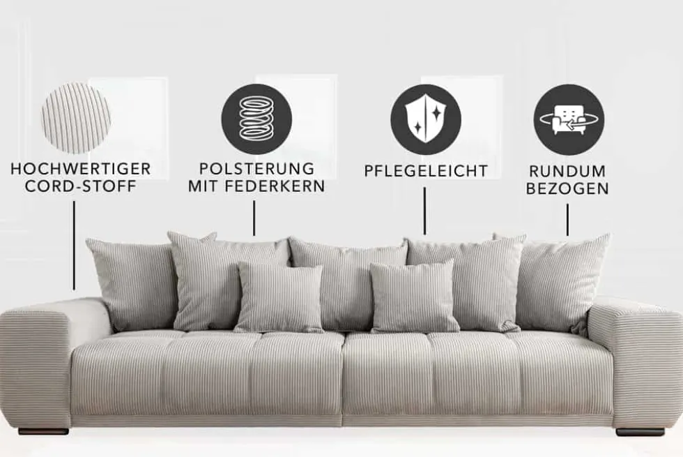 Modernes XXL Sofa ELEGANCIA 285cm champagner beige Cord inklusive Kissen Bigsofa