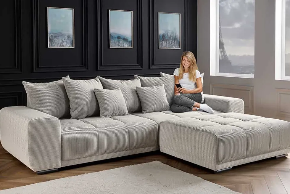 Modernes XXL Sofa ELEGANCIA 285cm champagner beige Cord inklusive Kissen Bigsofa