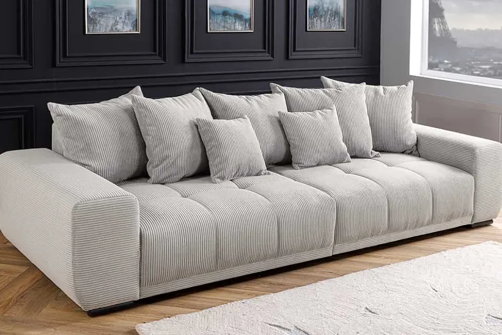 Modernes XXL Sofa ELEGANCIA 285cm champagner beige Cord inklusive Kissen Bigsofa