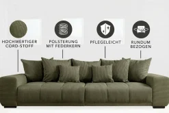 Modernes XXL Sofa ELEGANCIA 285cm grün Cord Federkern inklusive Kissen Bigsofa