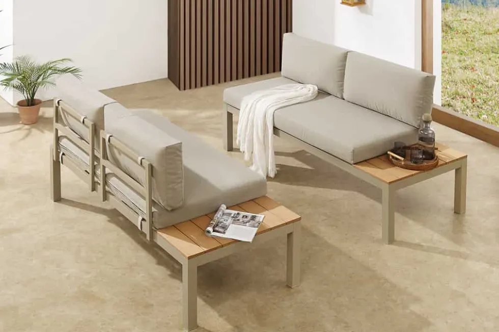 Modulare Garten Sitzgruppe ORLANDO LOUNGE 240cm champagner greige Aluminium wetterfest inkl. Kissen