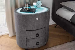 Nachttisch SIGNUM 55cm oval grau Vogue Seiden Samtstoff inkl. Beleuchtung Schubladen