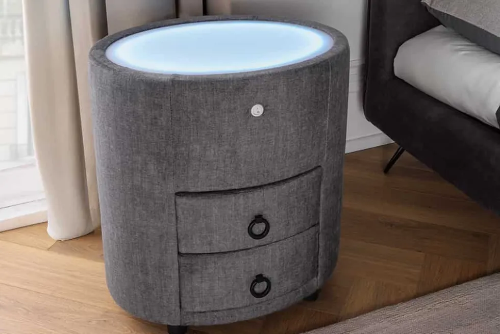 Nachttisch SIGNUM 55cm oval grau Vogue Seiden Samtstoff inkl. Beleuchtung Schubladen