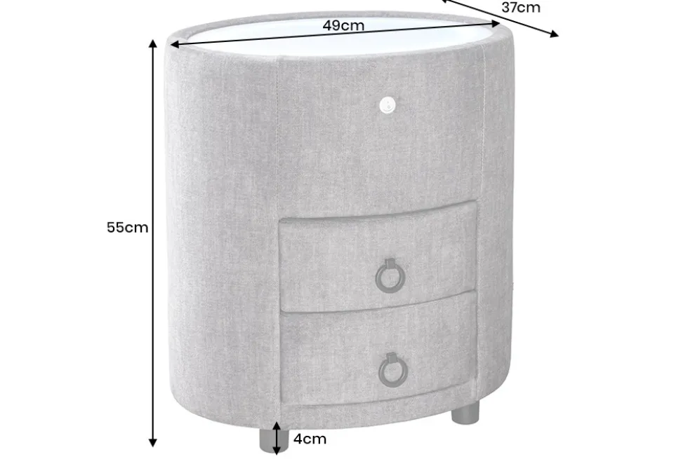 Nachttisch SIGNUM 55cm oval grau Vogue Seiden Samtstoff inkl. Beleuchtung Schubladen