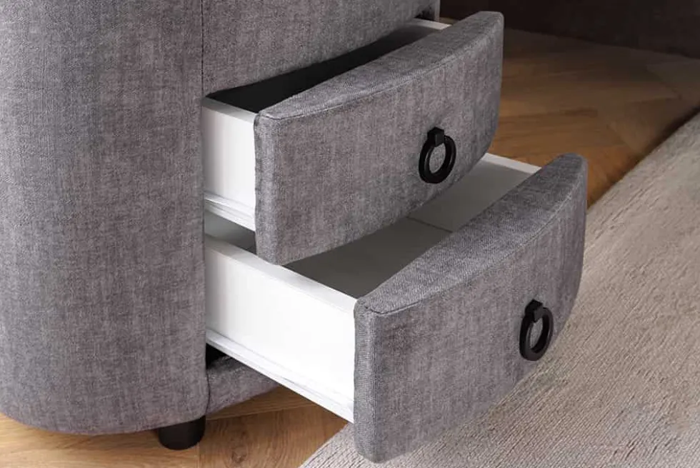 Nachttisch SIGNUM 55cm oval grau Vogue Seiden Samtstoff inkl. Beleuchtung Schubladen