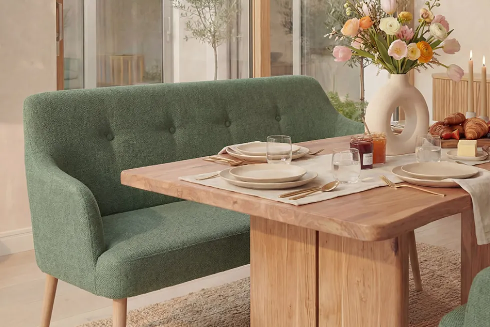Nordische Sitzbank SCANDINAVIA MEISTERSTÜCK 115cm salbei natur Massivholz mit Armlehne