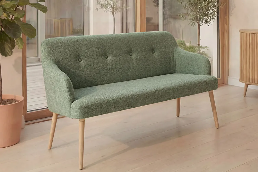 Nordische Sitzbank SCANDINAVIA MEISTERSTÜCK 115cm salbei natur Massivholz mit Armlehne