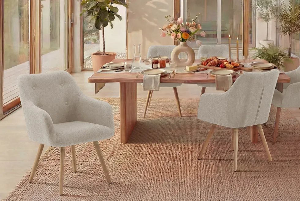 Nordischer Stuhl SCANDINAVIA MEISTERSTÜCK beige natur Strukturstoff Massivholzbeine