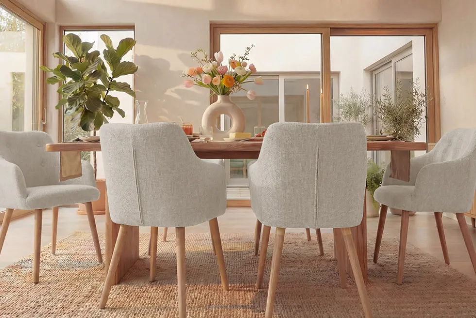 Nordischer Stuhl SCANDINAVIA MEISTERSTÜCK beige natur Strukturstoff Massivholzbeine