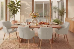 Nordischer Stuhl SCANDINAVIA MEISTERSTÜCK beige natur Strukturstoff Massivholzbeine
