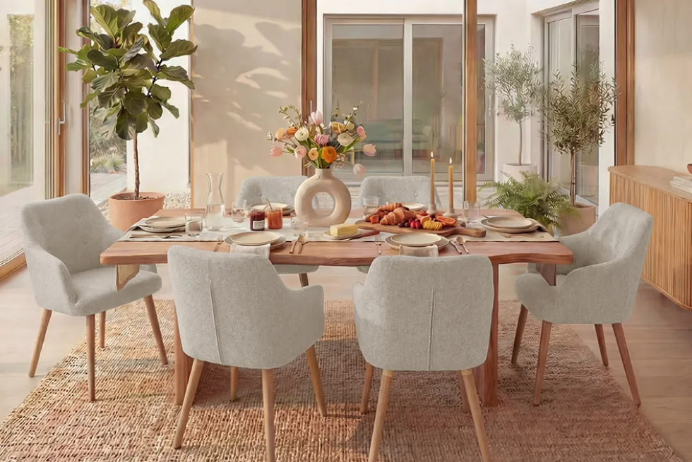 Nordischer Stuhl SCANDINAVIA MEISTERSTÜCK beige natur Strukturstoff Massivholzbeine