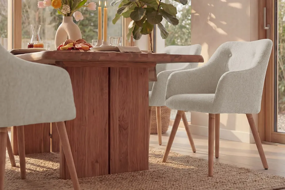 Nordischer Stuhl SCANDINAVIA MEISTERSTÜCK beige natur Strukturstoff Massivholzbeine