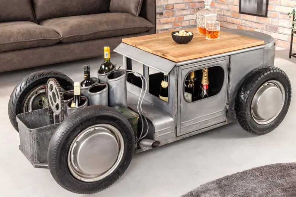 Oldtimer Couchtisch HOT ROD 160cm Stahl Mangoholz mit Stauraum Flaschenhalter massiv