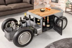 Oldtimer Couchtisch HOT ROD 160cm Stahl Mangoholz mit Stauraum Flaschenhalter massiv