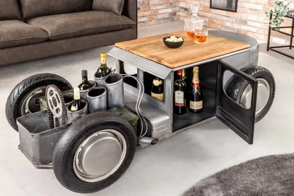 Oldtimer Couchtisch HOT ROD 160cm Stahl Mangoholz mit Stauraum Flaschenhalter massiv