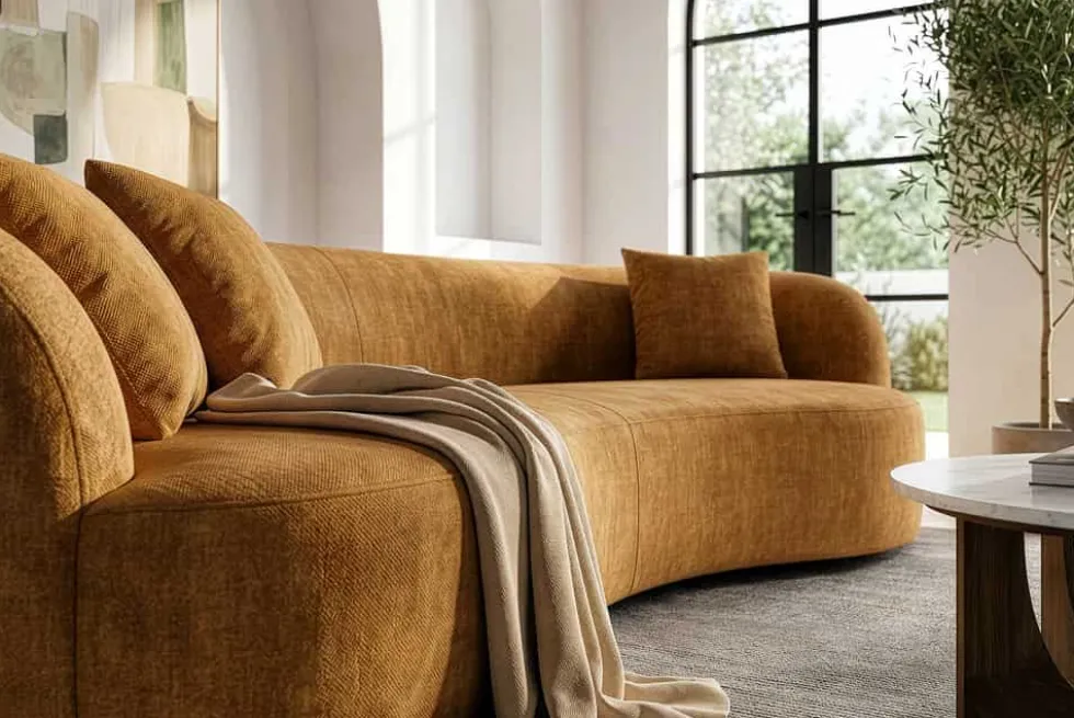 Organisches Sofa ATELIER 230cm senfgelb Samt 3-Sitzer Couch inkl. Kissen
