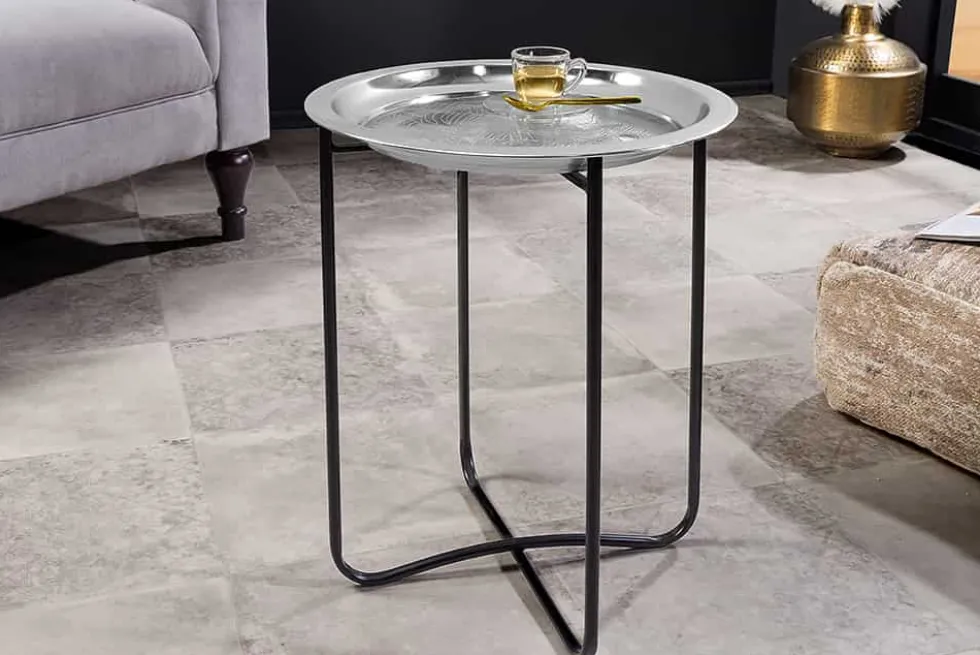 Orientalischer Beistelltisch CASABLANCA 50cm silber schwarz Tablett abnehmbar klappbar