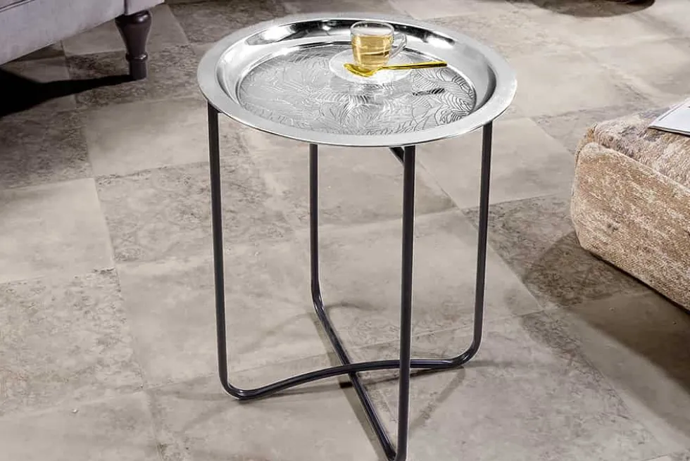 Orientalischer Beistelltisch CASABLANCA 50cm silber schwarz Tablett abnehmbar klappbar