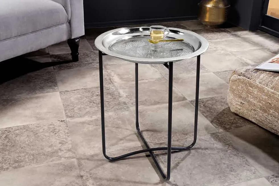 Orientalischer Beistelltisch CASABLANCA 50cm silber schwarz Tablett abnehmbar klappbar