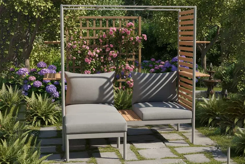 Outdoor Balkonlounge 2-Sitzer COCOONING anthrazit Aluminium Holz mit Hocker wetterfest