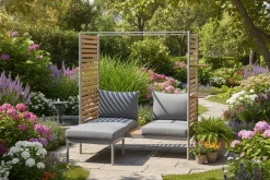 Outdoor Balkonlounge 2-Sitzer COCOONING anthrazit Aluminium Holz mit Hocker wetterfest