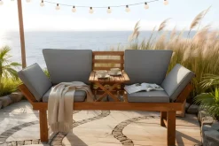 Outdoor Garten Sitzbank MODULAR 200cm natur grau Akazie mit Tisch inkl. Kissen klappbar