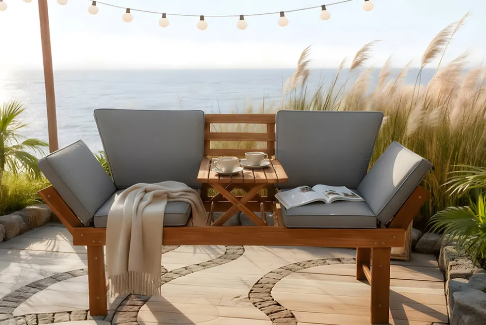 Outdoor Garten Sitzbank MODULAR 200cm natur grau Akazie mit Tisch inkl. Kissen klappbar