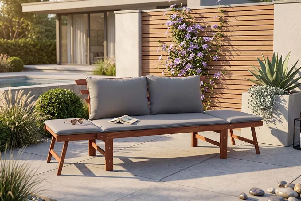 Outdoor Garten Sitzbank MODULAR 200cm natur grau Akazie inkl. Kissen klappbar