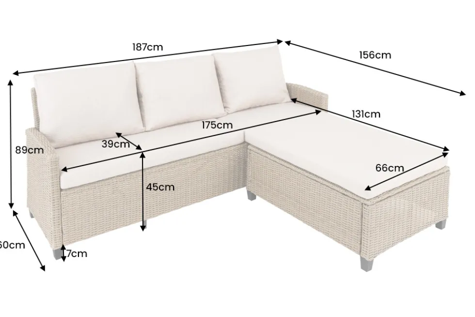 Outdoor Garten-Lounge MONACO 190cm natur Polyrattan Sitzecke inkl. Kissen wetterfest