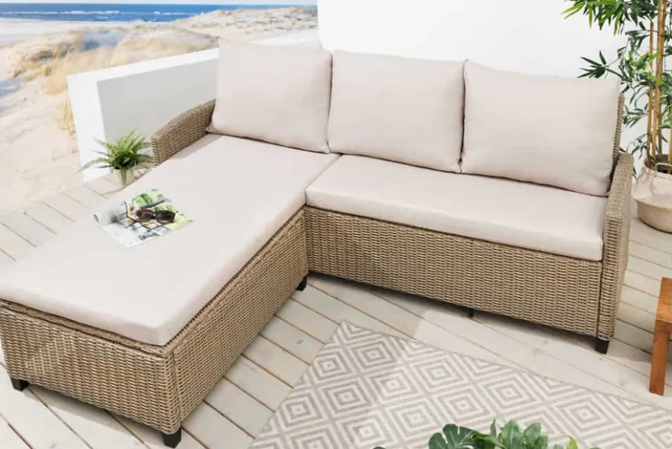 Outdoor Garten-Lounge MONACO 190cm natur Polyrattan Sitzecke inkl. Kissen wetterfest
