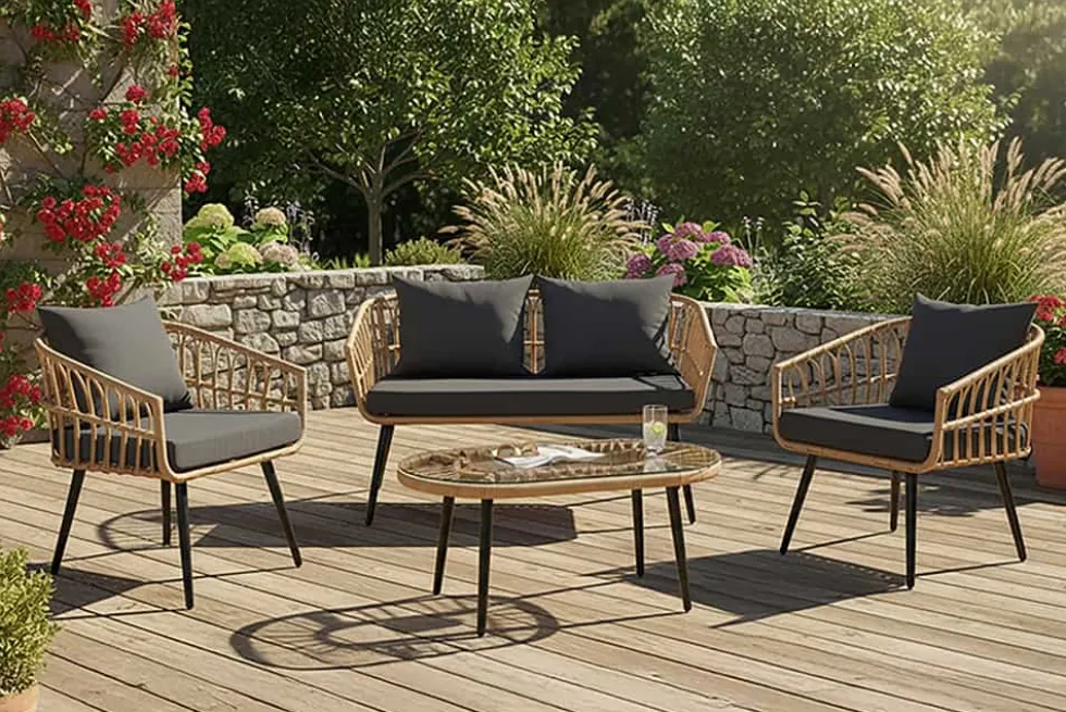 Outdoor Gartenlounge PARIS natur Rattan Gartenmöbel-Set inkl. Wechselbezügen grau creme