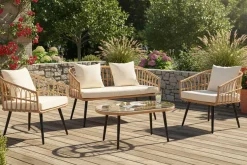 Outdoor Gartenlounge PARIS natur Rattan Gartenmöbel-Set inkl. Wechselbezügen grau creme