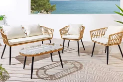 Outdoor Gartenlounge PARIS natur Rattan Gartenmöbel-Set inkl. Wechselbezügen grau creme