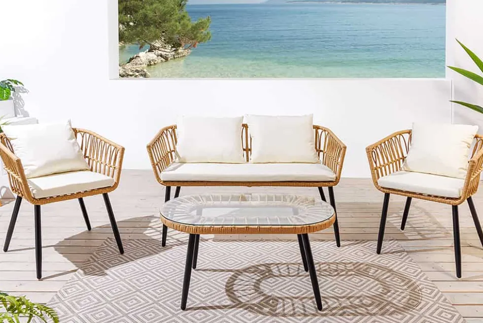 Outdoor Gartenlounge PARIS natur Rattan Gartenmöbel-Set inkl. Wechselbezügen grau creme