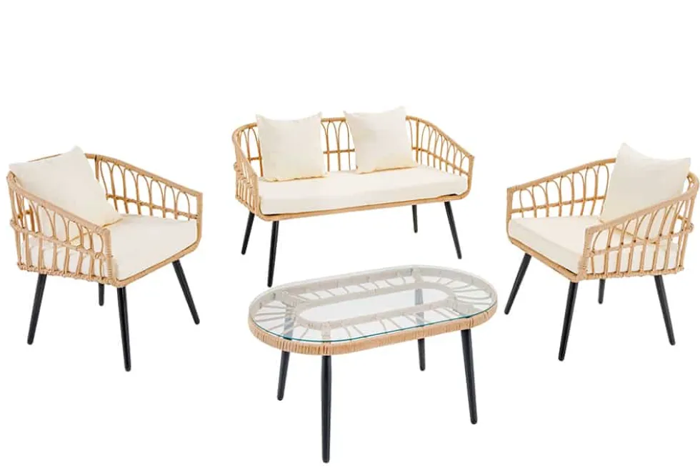 Outdoor Gartenlounge PARIS natur Rattan Gartenmöbel-Set inkl. Wechselbezügen grau creme