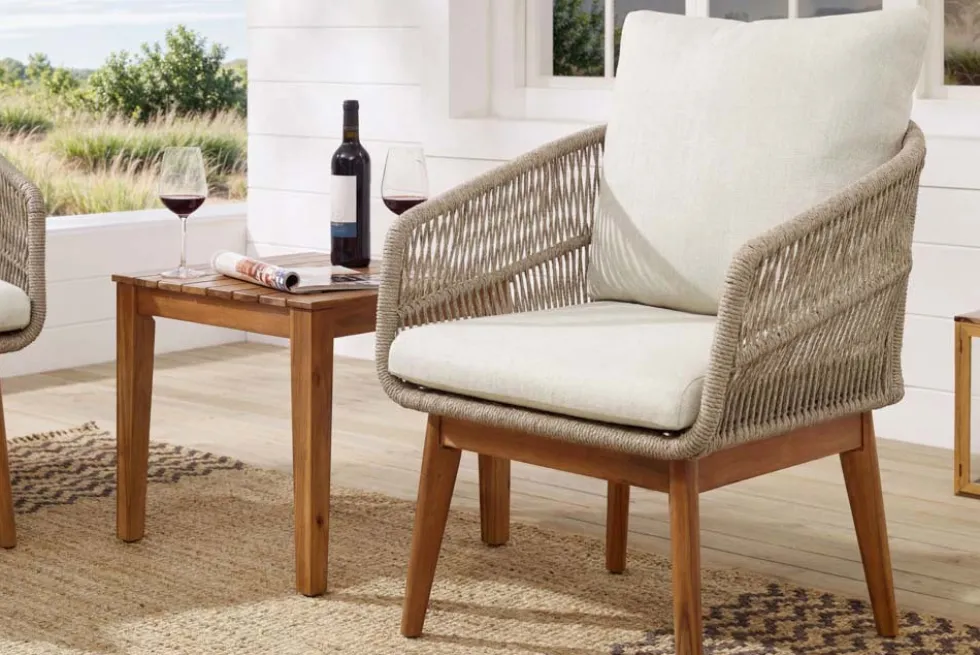 Outdoor Gartenlounge ROPE natur taupe Akazie 2er-Sitzgruppe inkl. Tisch und Kissen