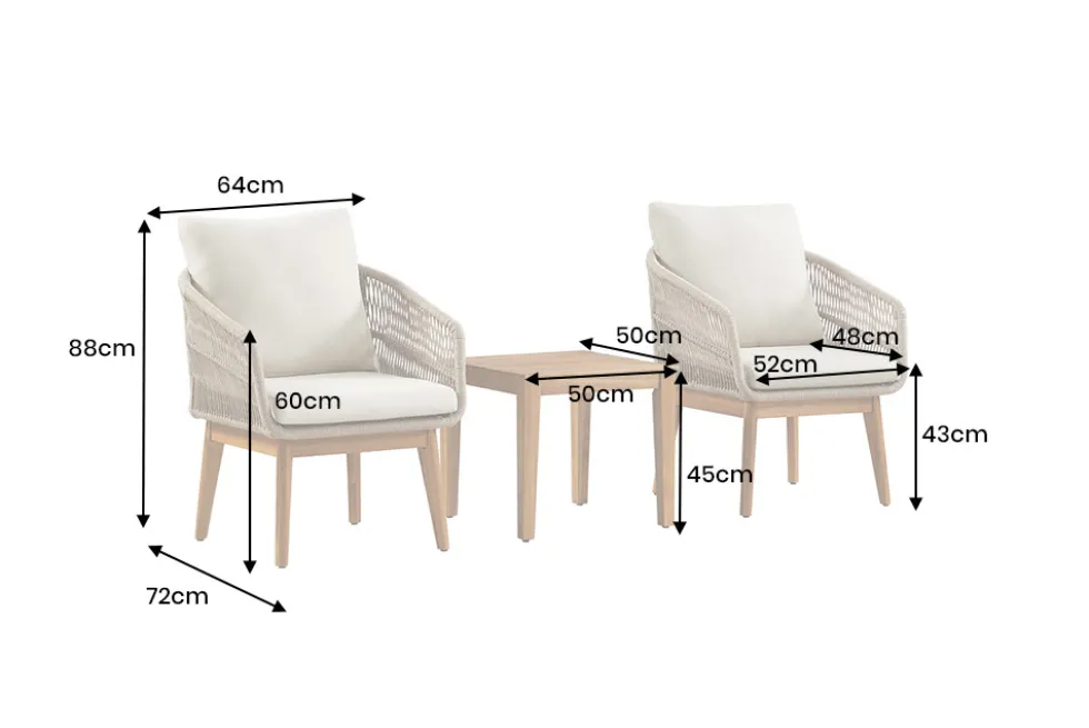 Outdoor Gartenlounge ROPE natur taupe Akazie 2er-Sitzgruppe inkl. Tisch und Kissen