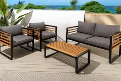 Outdoor Garten-Sitzgruppe PURE grau natur Akazie schwarz Metall inkl. Tisch Sitzpolster