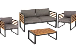 Outdoor Garten-Sitzgruppe PURE grau natur Akazie schwarz Metall inkl. Tisch Sitzpolster