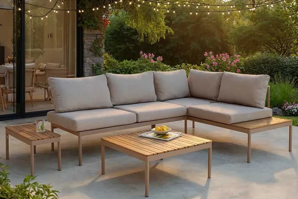 Outdoor Lounge MOBILE MODULAR greige Garten-Sitzgruppe inkl. Tisch und Kissen
