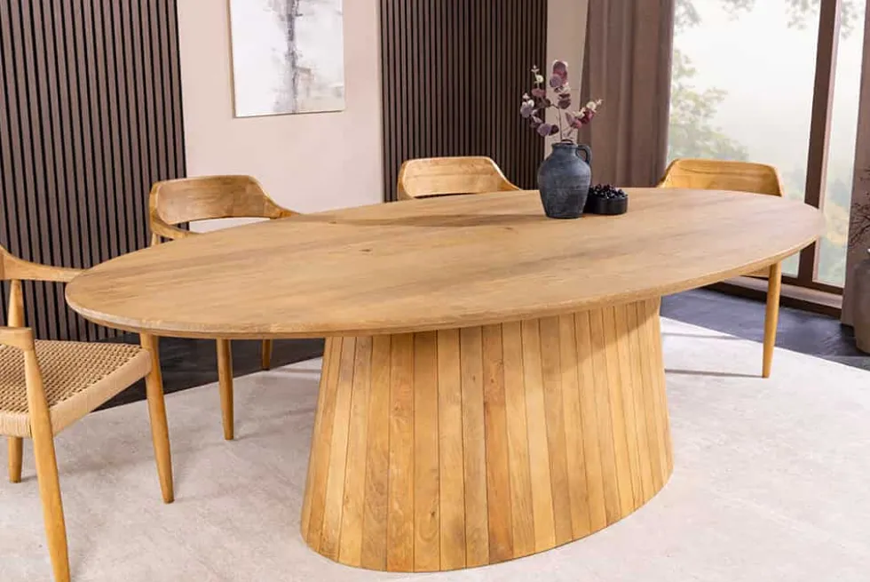 Ovaler Esstisch ART DECO 220cm beige massives Mangoholz cream finish mit Säulenfuß