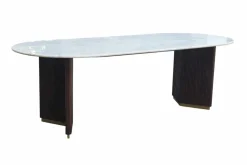 Ovaler Esstisch GATSBY 240cm braun gold Mangoholz weiße Marmorplatte V-Gestell