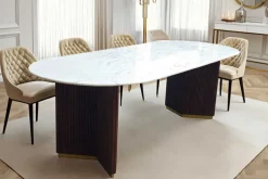 Ovaler Esstisch GATSBY 240cm braun gold Mangoholz weiße Marmorplatte V-Gestell