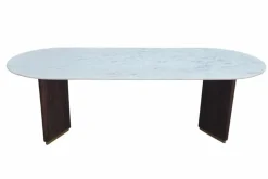 Ovaler Esstisch GATSBY 240cm braun gold Mangoholz weiße Marmorplatte V-Gestell