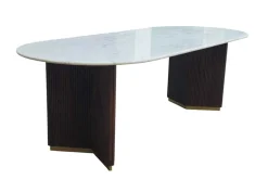 Ovaler Esstisch GATSBY 240cm braun gold Mangoholz weiße Marmorplatte V-Gestell